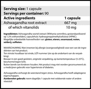 Ashwagandha 667MG / 90 capsules | Verhoogt de weestand van het lichaam tegen stress