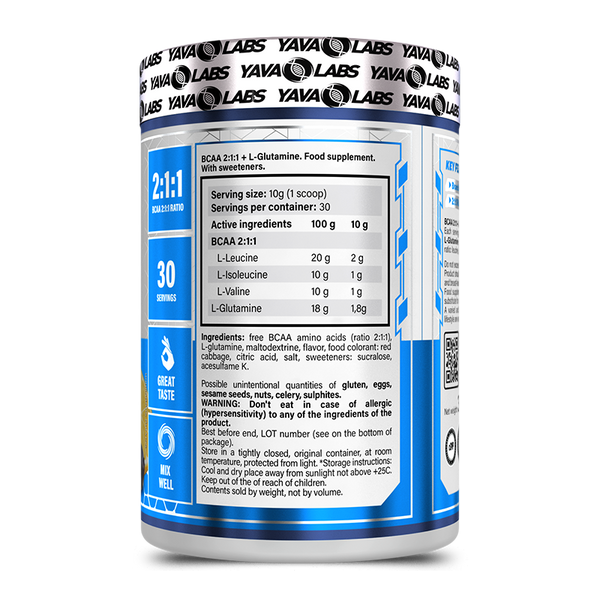 Bcaa 2:1:1 + L-Glutamine 300 gram | Helpt tegen verzuring tijdens een intense training