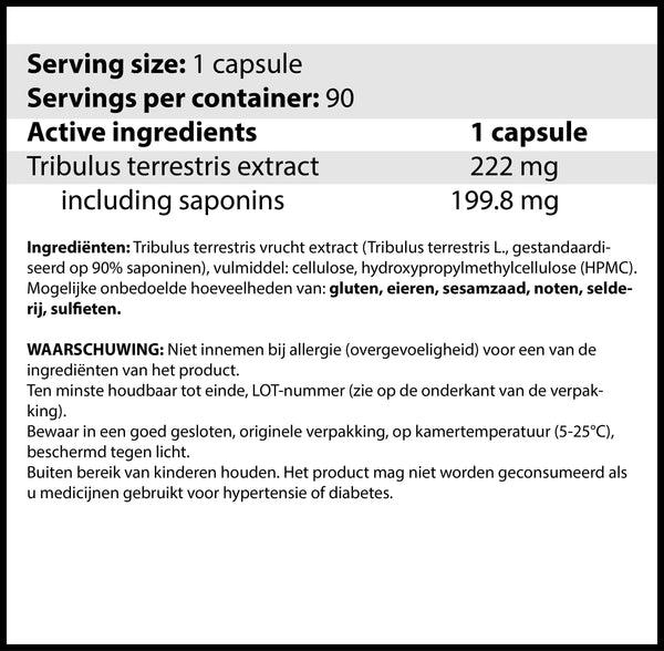 Tribulus Terrestris 90% Saponins / 90 caps | Stimuleert testosteron niveau, kracht en libido.